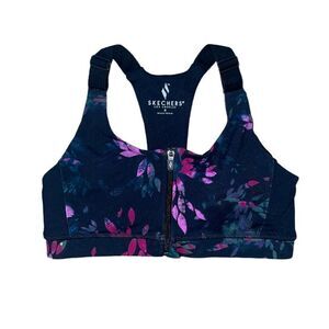 Skechers Los Angeles Front Zip Sports Bra Violet Watercolor Floral Racerback